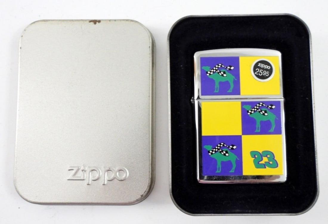 1997 SEALED SMOKIN JOE RACING ZIPPO: 1997 SEALED CHECKARD PURPLE&YELLOW SMOKIN JOE RACING ZIPPO.IN TIN WITH SLEEVE