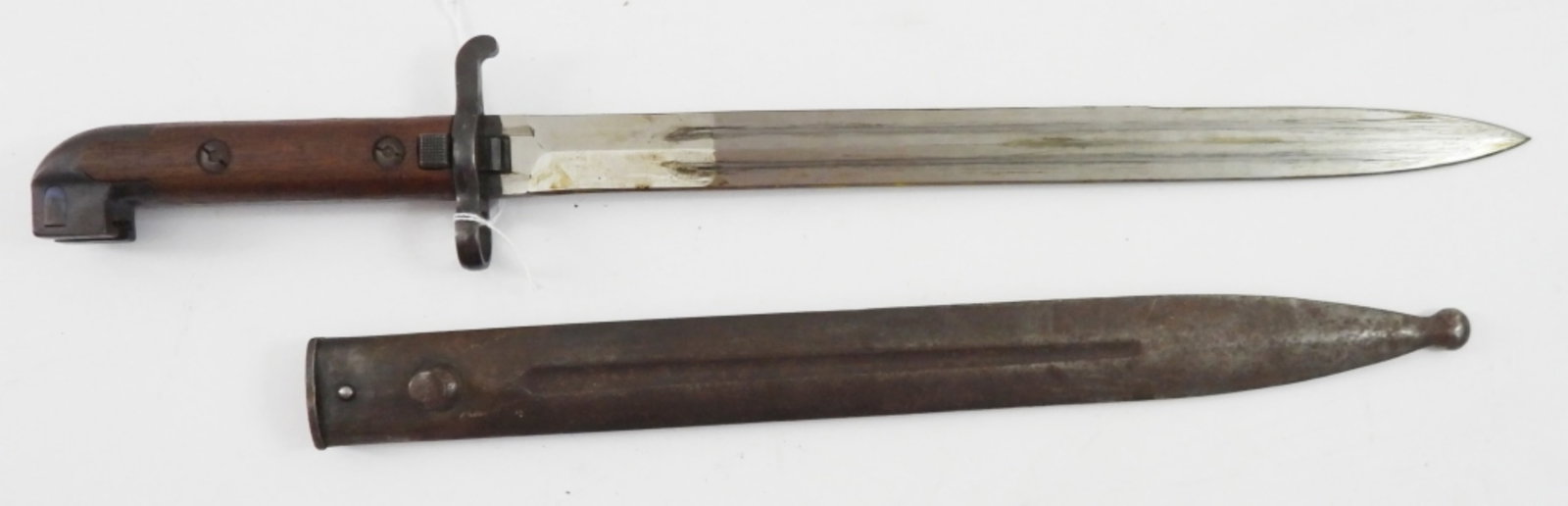 EJEAB BAYONET w/SCABBARD: 19IN LONG, BLADE IS 13" LONG, STAMPED EJEAB NEAR WOOD HANDLE