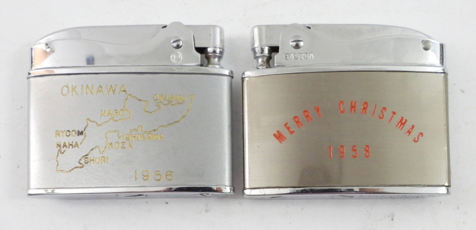 (2) OKINAWA, JAPAN VTG LIGHTERS: MERRY CHRISTMAS 1958 & OKNAWA MAP AIR BASE - UNTESTED
