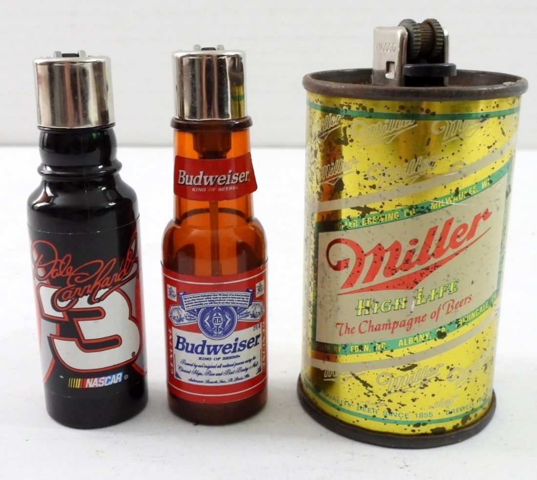 (3) NOVELTY NASCAR & BEER LIGHTERS: THREE NOVELTY LIGHTERS. DALE EARNHARDT, MILLER & BUDWEISER