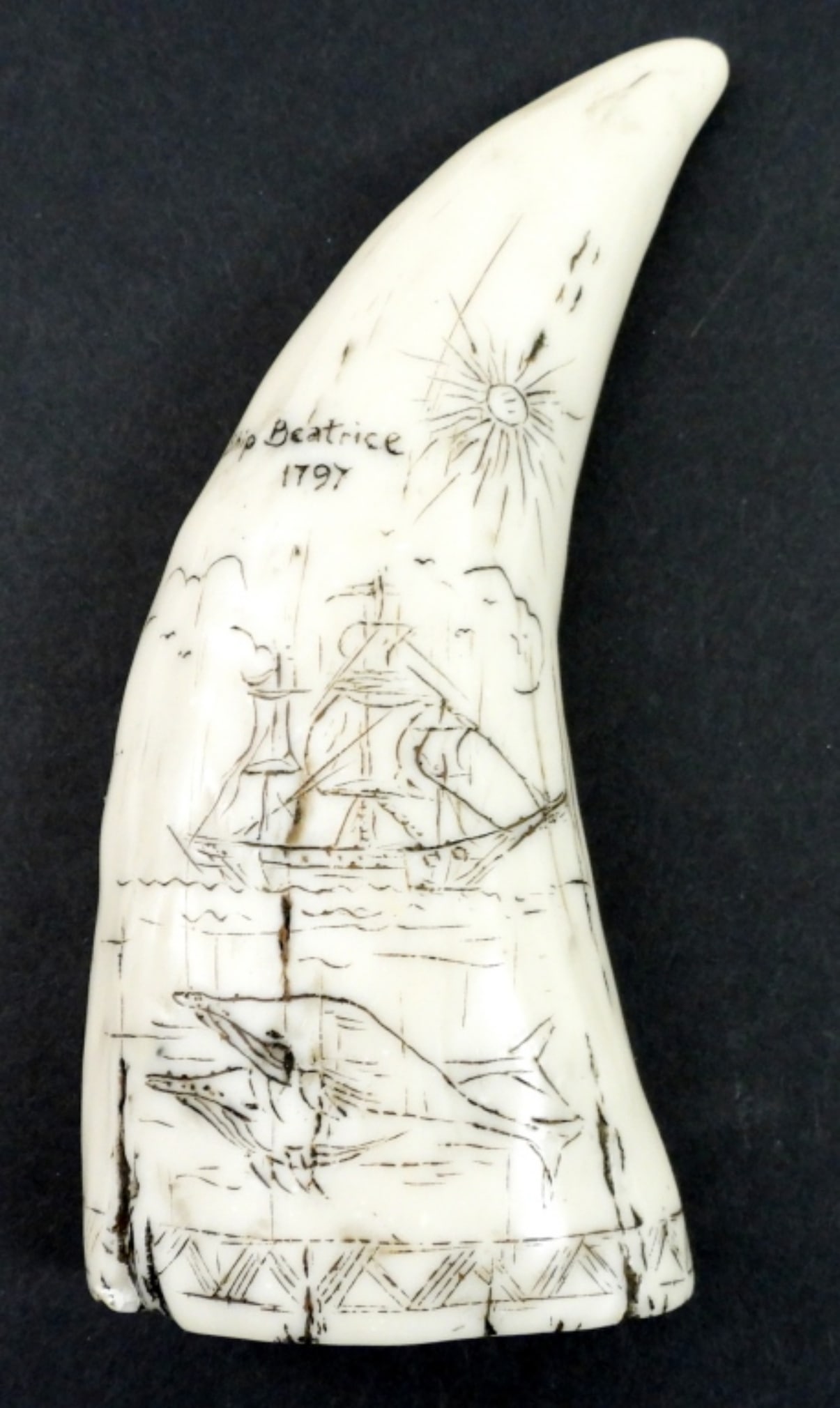 VTG FAUX SCRIMSHAW-SHIP BEATRICE SCENE: VINTAGE FAUX SCRIMSHAW RESIN WHALE TOOTH-SHIP BEATRICE SCENE, 1797 LUCK TO WOMEN. 5.5" TALL, 2.5" WIDE.