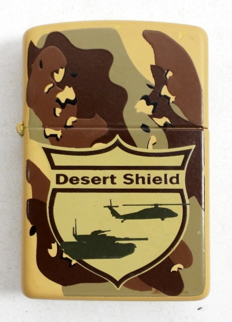 VINTAGE DESERT SHIELD ZIPPO LIGHTER: USED, IN NICE SHAPE