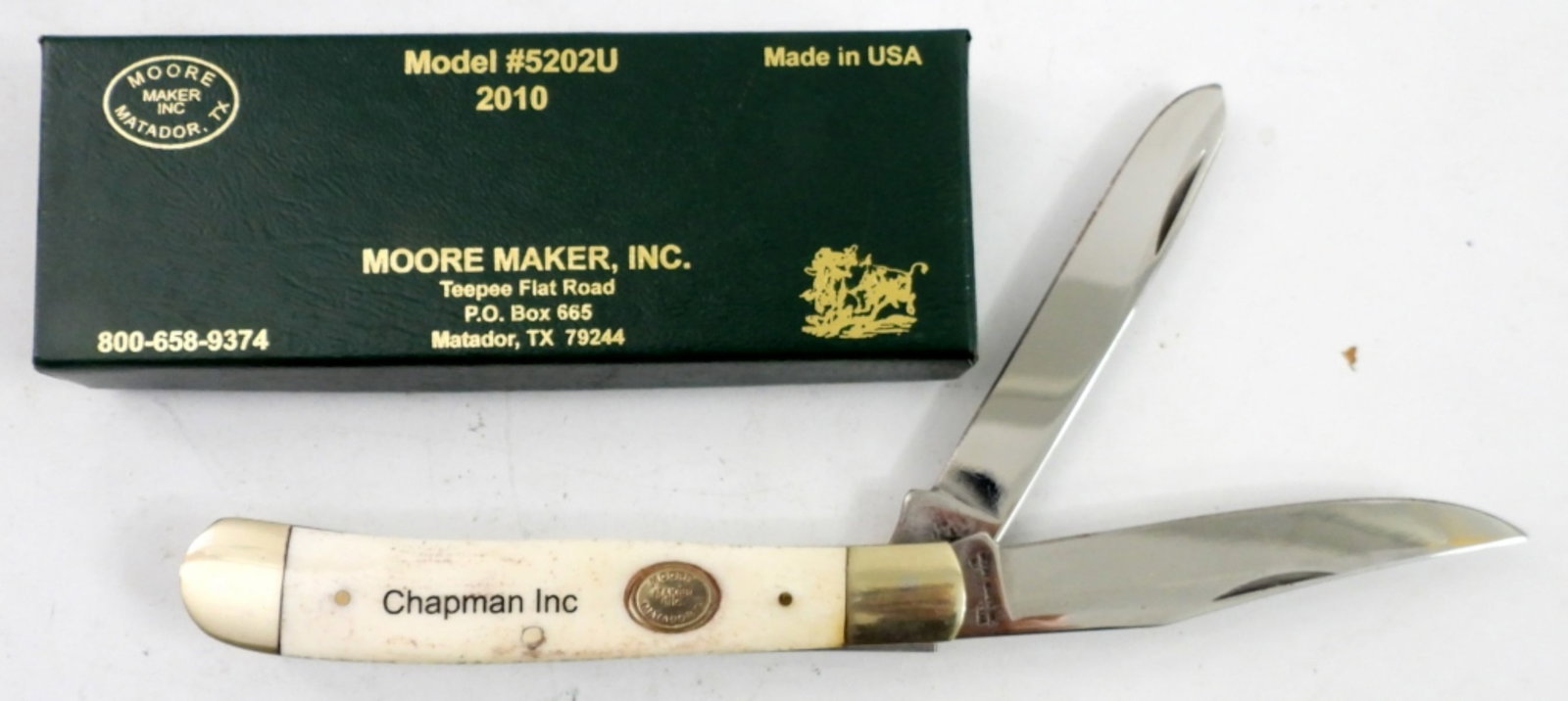 "CHAMPION INC" MOORE MAKER KNIFE: MATADOR TEXAS, BONE HANDLE TWO BLADE - NEW OLD STOCK in BOX - 2010 #5202U