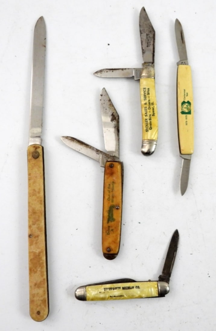 (5) VTG ADVERTISEMENT KNIFE LOT: DOLE FRUIT KNIFE, DRIVE A FORD OUT OF THE WHITE HOUSE, BRADFORD PA CENTENNIAL, (2) SALES CO. - ALL USED, COLLECTORS LOT