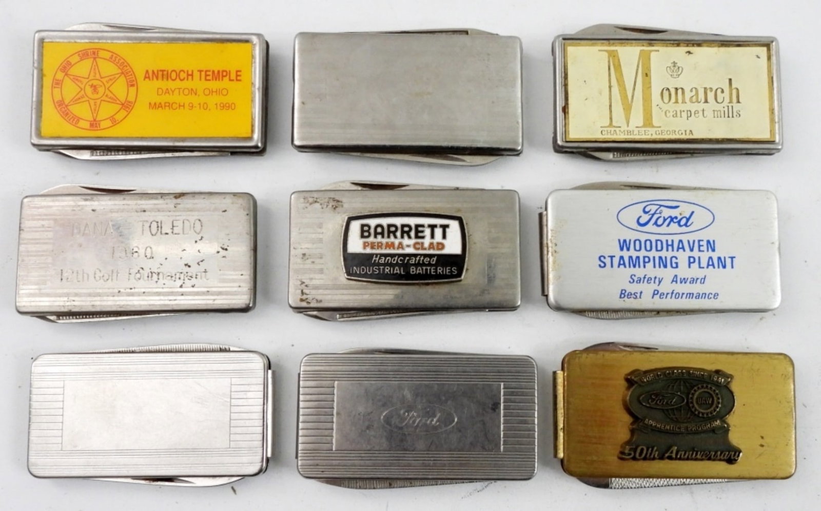 (9) VTG MONEY CLIP/KNIVES - (3) FORD: (1) 1960 DANA, (1) MONARCH CARPET MILLS, (1) ANTIOCH TEMPLE (1) BARRETT, (2) PLAIN