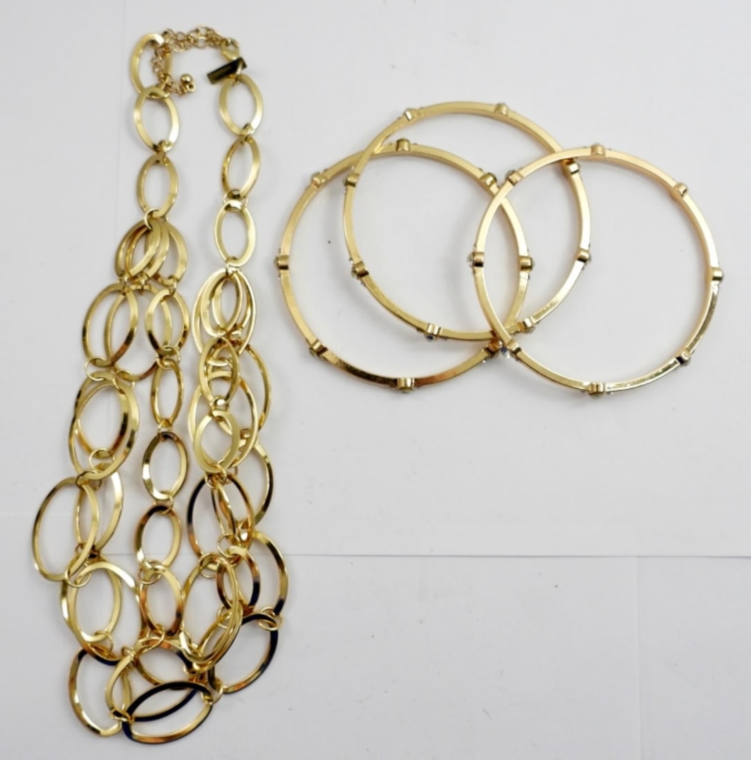 4 PIECE GOLD TONE VINTAGE JEWELRY: (1)GOLD TONE FASHION NECKLACE,(3) GOLD TONE BRACELETS WITH FAUX DIAMONDS