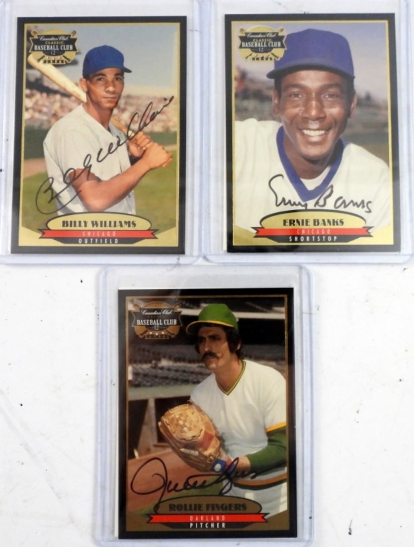 3 AUTOGRAPHED CANADIAN CLUB CARDS w/coa: 3 AUTOGRAPHED CANADIAN CLUB CARDS w/COA ROLLIE FINGERS, BILLIE WILLIAMS & ERNIE BANKS EX+