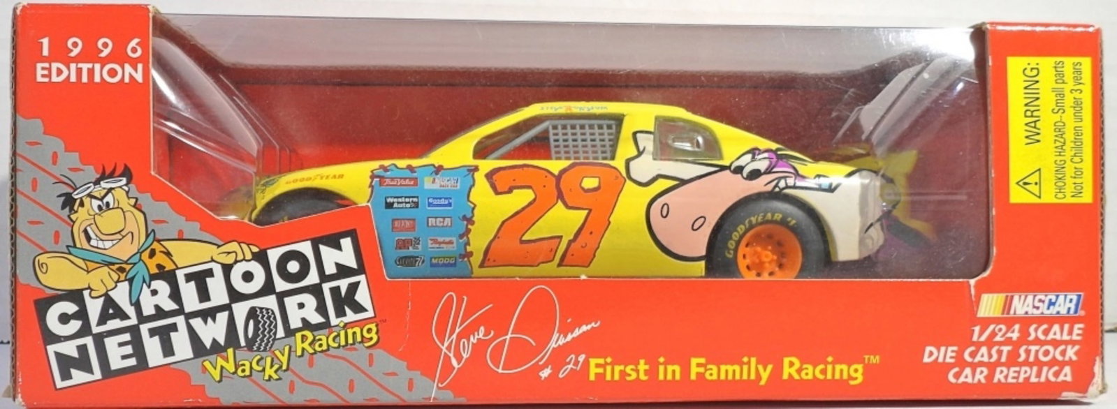 1996 EDITION #29 FIRST IN FAMILY RACING: 1996 EDITION CARTOON NETWORK WACKY RACING #29 FIRST IN FAMILY RACING 1/24 SCALE DIE CAST STOCK CAR REPLICA IN ORIGINAL BOX