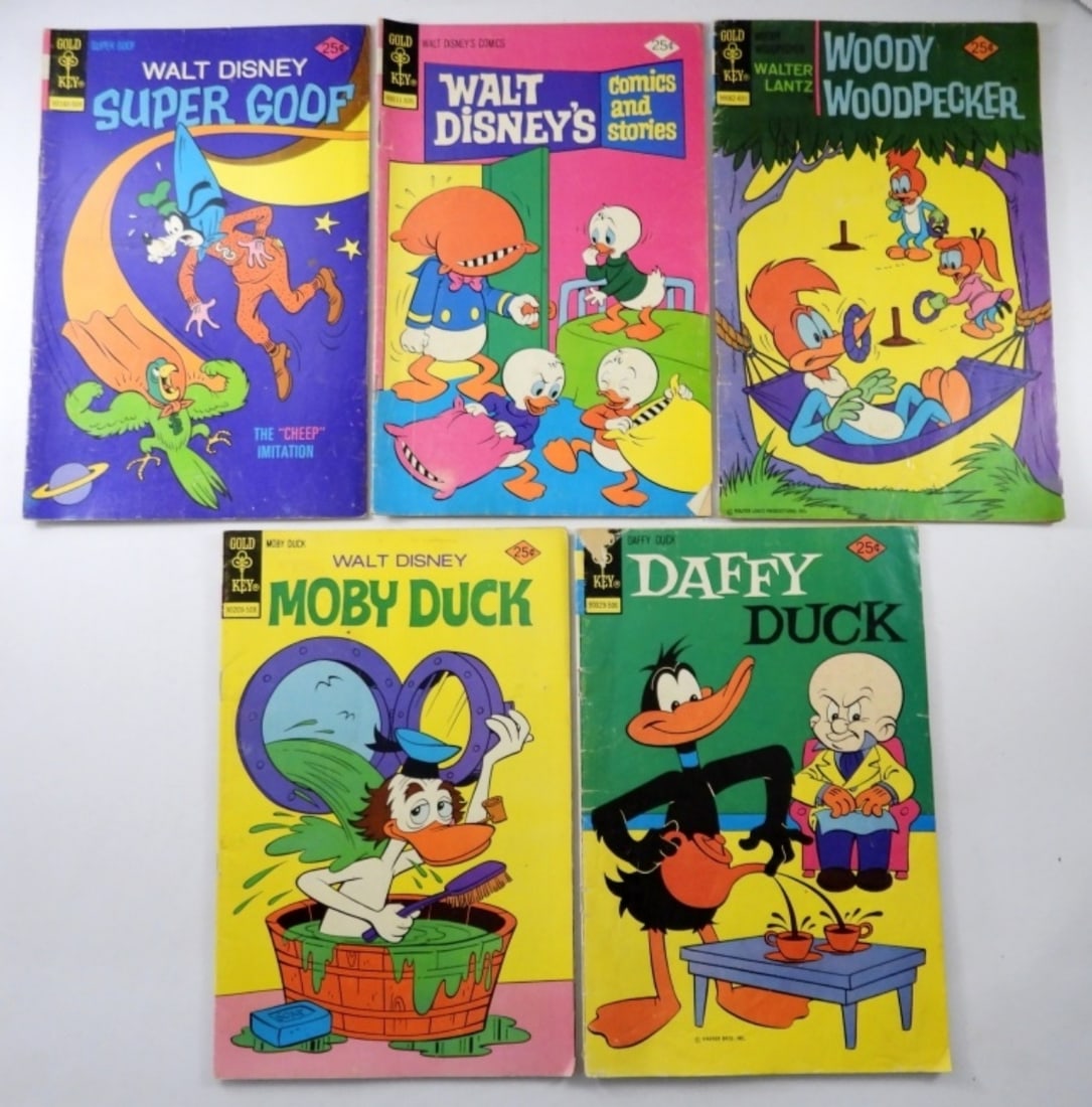 (5) VINTAGE 25c GOLD KEY COMIC BOOKS: INCLUDES SUPER GOOF, WOODY WOODPECKER, MOBY DUCK & MORE - GOOD CONDITION