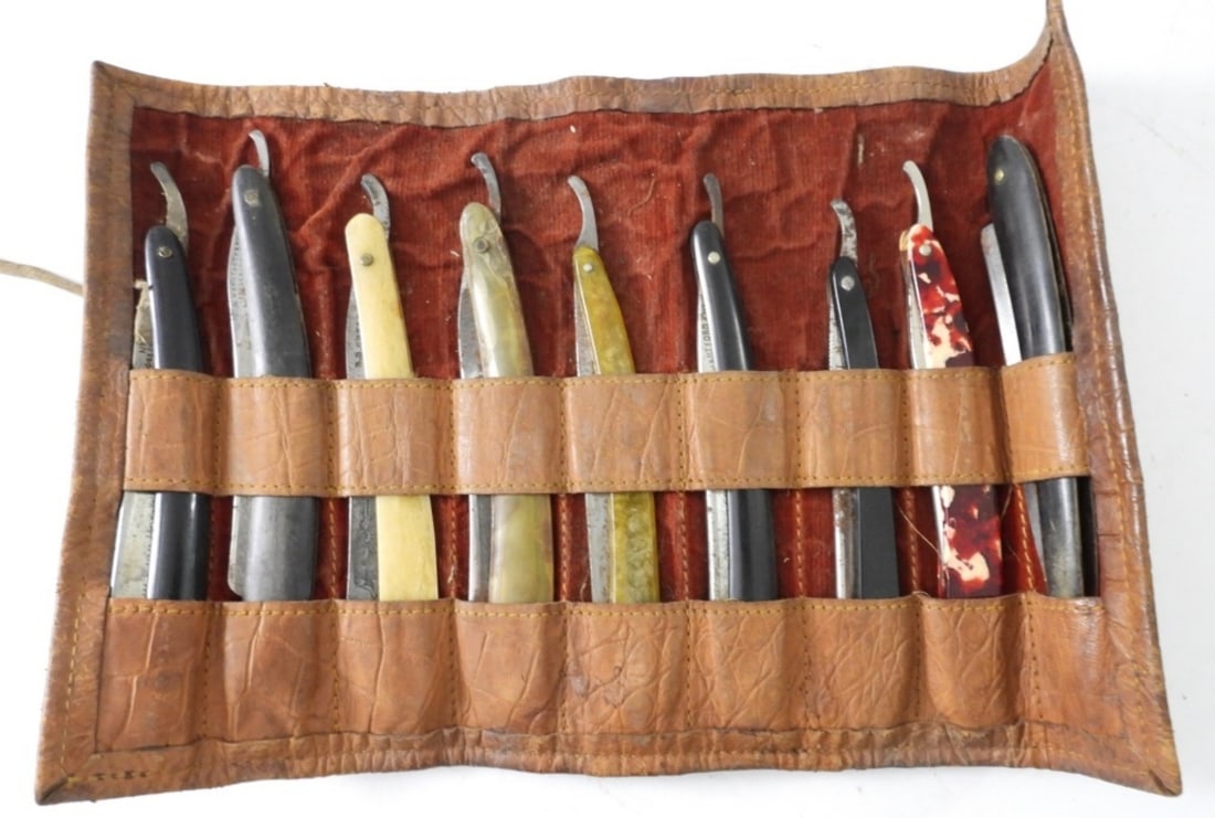 VINTAGE  STRAIGHT RAZOR CASE w/ 9  RAZORS (1 of 2)