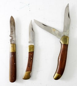 (3) WOOD HANDLE FOLDING KNIVES