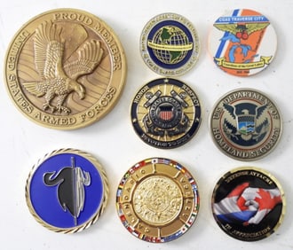 8 MILITARY CHALANGE& SERVICE COINS