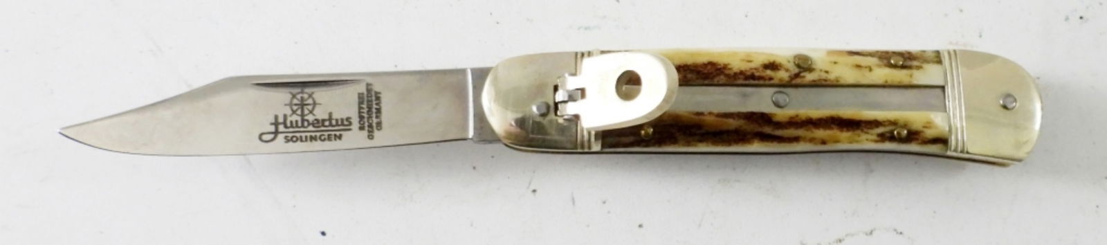 HUBERTUS ROSTFREI SOLINGEN LEVER LOCK KNIFE: HUBERTUS ROSTFREI SOLINGEN STAG SAFETY LEVER LOCK POCKET KNIFE 6" KNIFE ,2 1/2 " BLADE