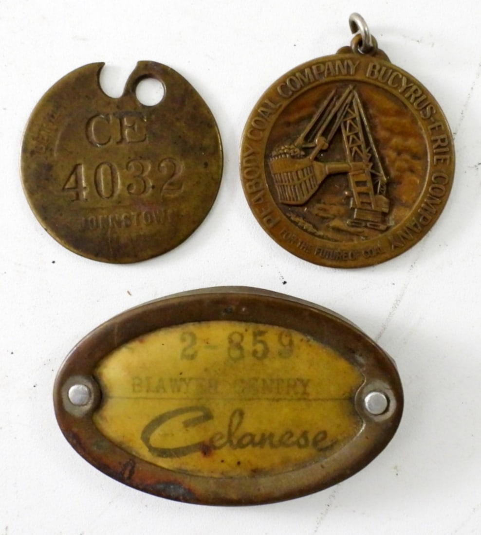VINTAGE EMPLOYEEE BRASS PLANT TOOL & MORE: VINTAGE EMPLOYEEE BRASS PLANT TOOL & VINTAGE NAME TAG AND A ERIE COAL COMPANY MEDAL