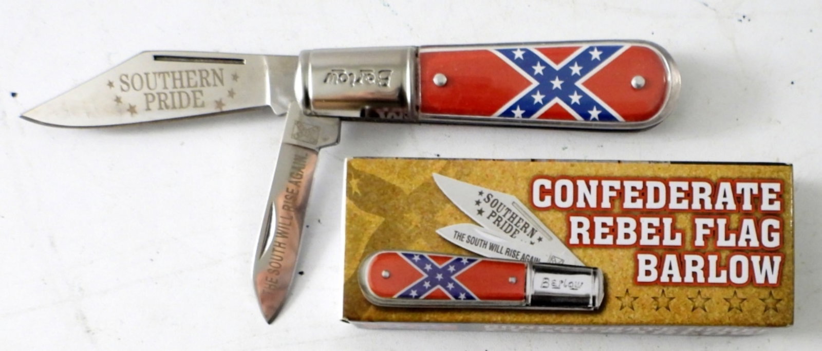 BERLOW CONFEDERATE REBEL FLAG KNIFE: BERLOW CONFEDERATE REBEL FLAG POCKET KNIFE .BK2683, 2 1/2" BLADE ETCHED SOUTHERN PRIDE & THE SOUTH WILL RISE AGAIN. IN ORIGINAL BOX