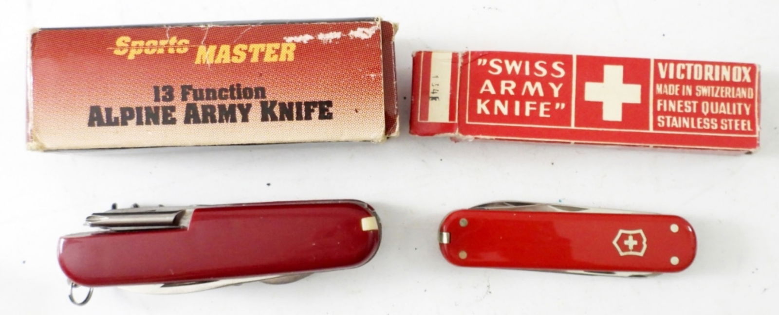 VICTORINOX SWISS ARY KNIFE & MORE: VICTORINOX SWISS ARMY KNIFE IN BOX 5" WITH 2" BLADE (RED), AND SPORTS MASTER 13 FUNCTION ALPINE ARMY KNIFE