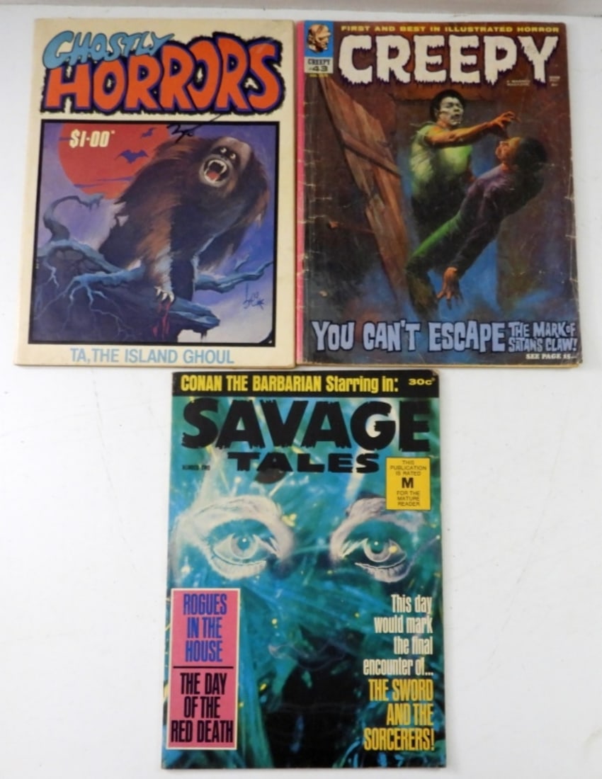 SAVAGE TALES, CREEPY & GHOSTLY HORRORS: (3) VINTAGE LARGE SIZE COMICS