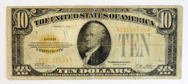 1928 $10 GOLD CERTIFICATE, CIRCULATED