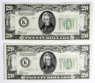 (2) 1934 US $20 FRN  CONSECUTIVE NUMBERS AU