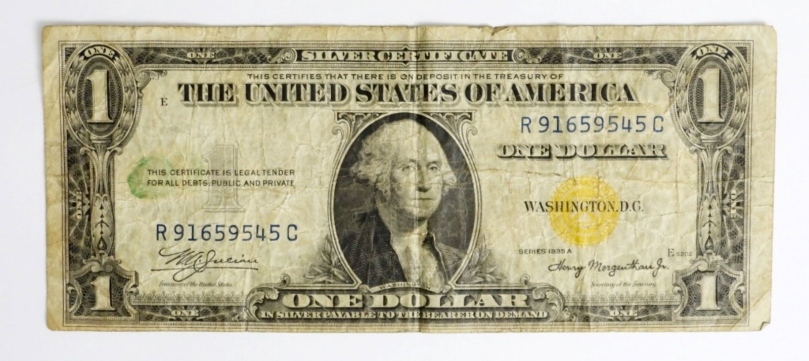 1935A $1 SILVER CERTIFICATE "NORTH AFRICA": 1935A $1 SILVER CERTIFICATE, YELLOW SEAL CIRCULATED