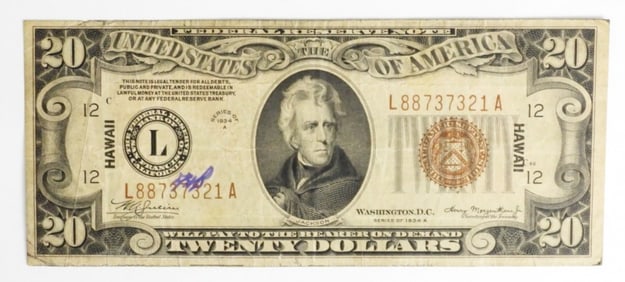 1934-A $20 US HAWAII FEDERAL RESERVE NOTE