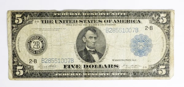 1914 $5 FEDERAL RESERVE NOTE,WELL PRESERVED