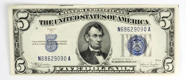 1934-C $5 US  SILVER CERTIFICATE,  NICE CIRC