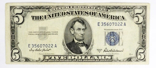 1953-A $5 US SILVER CERTIFICATE,NICE CIRC