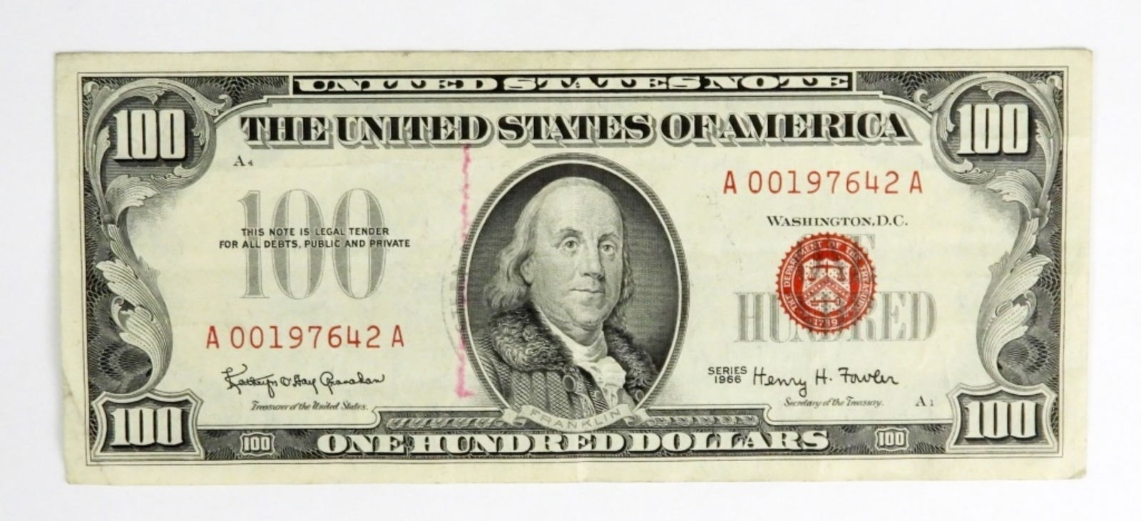 1966 $100 US NOTE, RED SEAL. NICE CIRC (1 of 2)