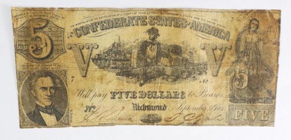 1861 $5 CONFEDERATE STATES OF AMERICA