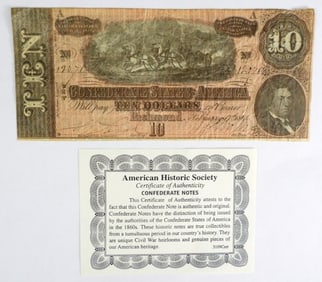 1864 $10  CONFEDERATE STATE OF AMERICA w/COA