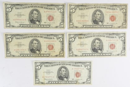 (5) 1963 $5 RED SEAL U.S. NOTES