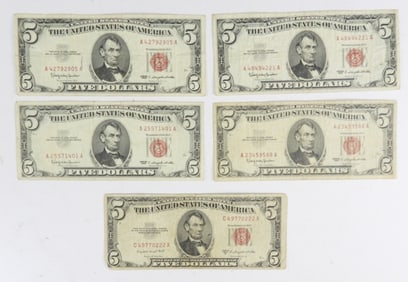 (5) 1963 $5 RED SEAL U.S. NOTES