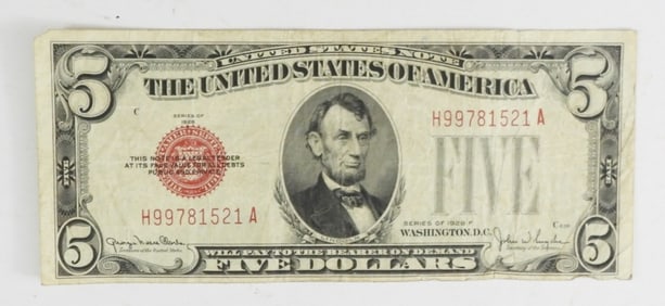 1928 $5 RED SEAL U.S. NOTES