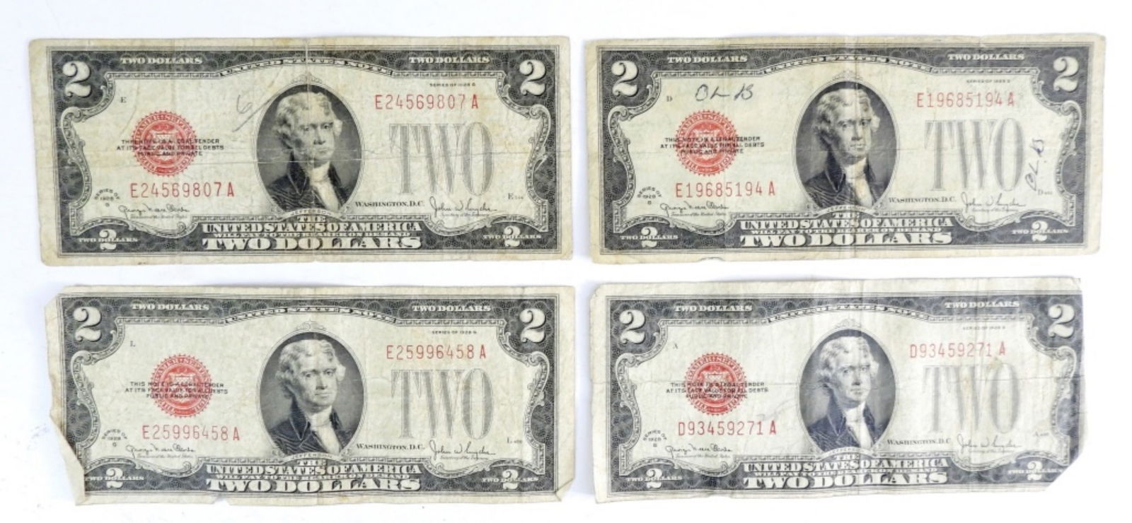 (4) 1928 $2 RED SEAL U.S. NOTES (1 of 2)