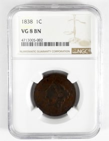 1838 LIBERTY HEAD LARGE CENT NGC VG8 BN
