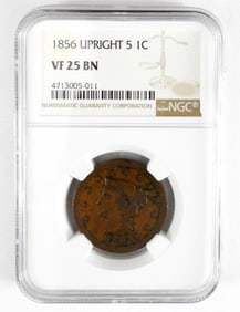 1856 UPRIGHT 5 LARGE CENT NGC VF25BN