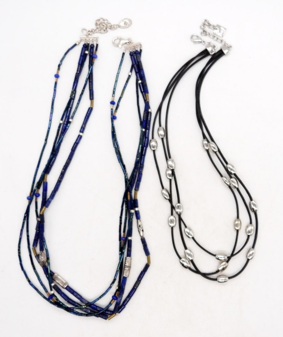 (2) VINTAGE CHOKER NECKLACES: WITH LEATHER, SILVER BEADS, LIQUID BEADS; 15" & 18" LENGTHS