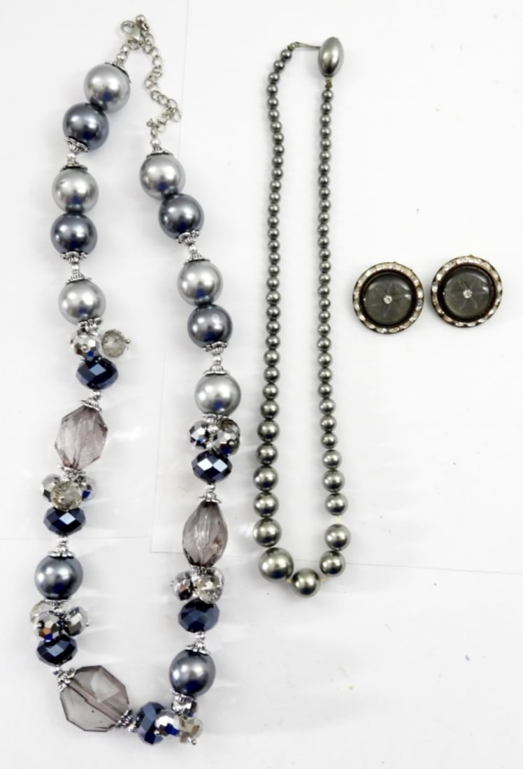 (2 BLUISH SIVLER NECKLACE AND EARRING SET: NECKLACES 21in LONG EARRINGS ARE CLIP ON