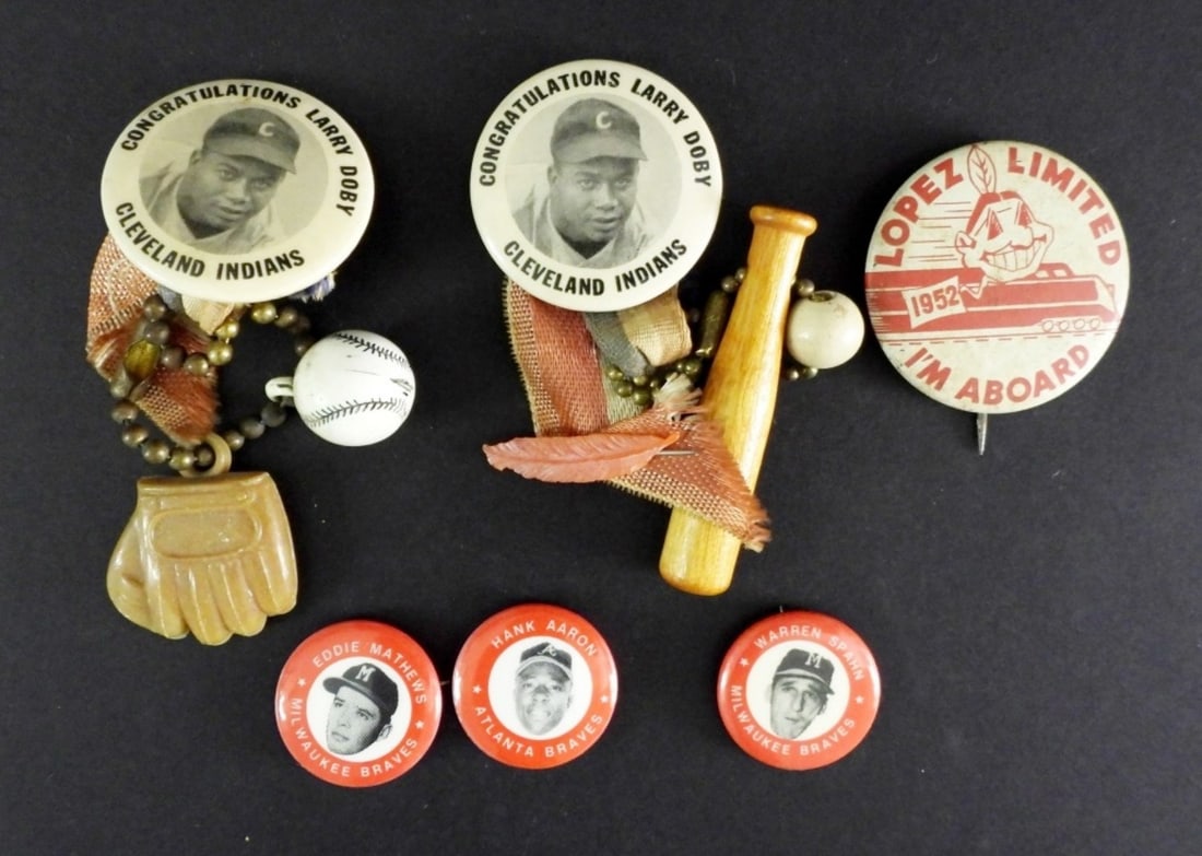(2) VINTAGE STADIUM PIN LOT & MORE: (2) VINTAGE LARRY DOBY CLEVELAND INDIANS STADIUM PINS & (3) BASE BALL PINS , HANK AARON,EDDIE MATTHEWS,& WARREN SPAHN.& 1952 CLEVELAND INDIANS PIN