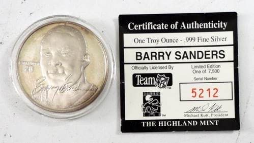 BARRY SANDERS .999 SILVER 1oz ROUND