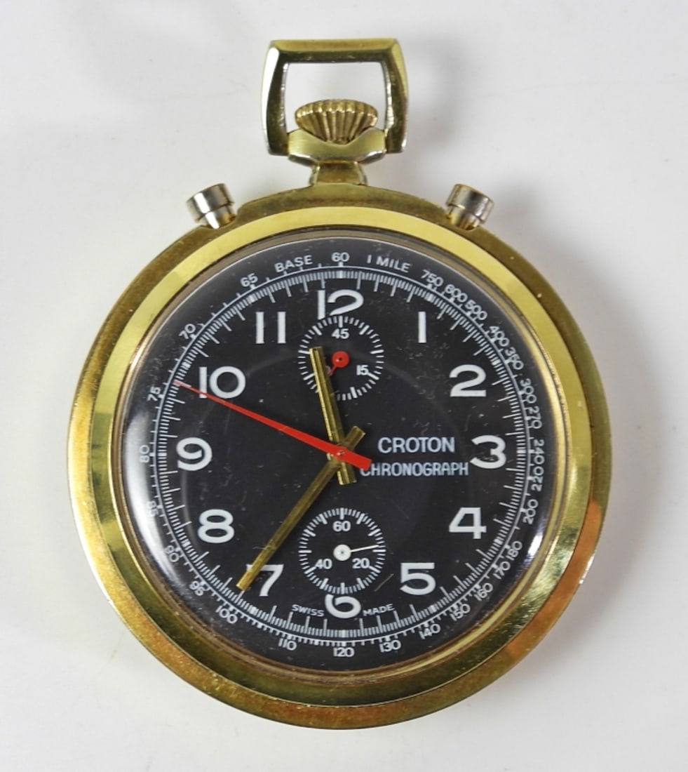 CROTON POCKET CHRONOGRAPH: PERFECT ORIGINAL BLACK DIAL. 45mm DIAMETER. GOLD PLATED CASE WITH DISPLAY BACK. 17 JEWEL MANUAL WIND MOVEMENT