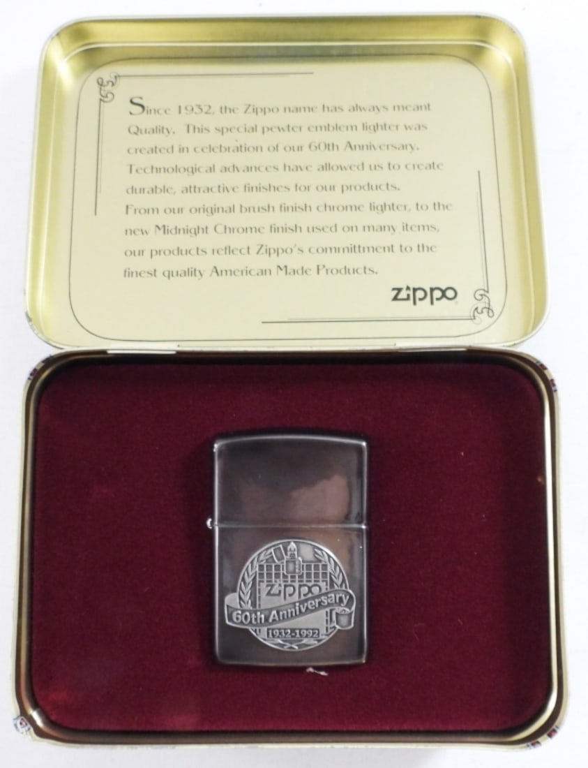 1992 60TH ANNIVERSARY ZIPPO: UNFIRED, IN THE ORIGINAL TIN BOX, 60TH ANNIVERSARY 1932-1992