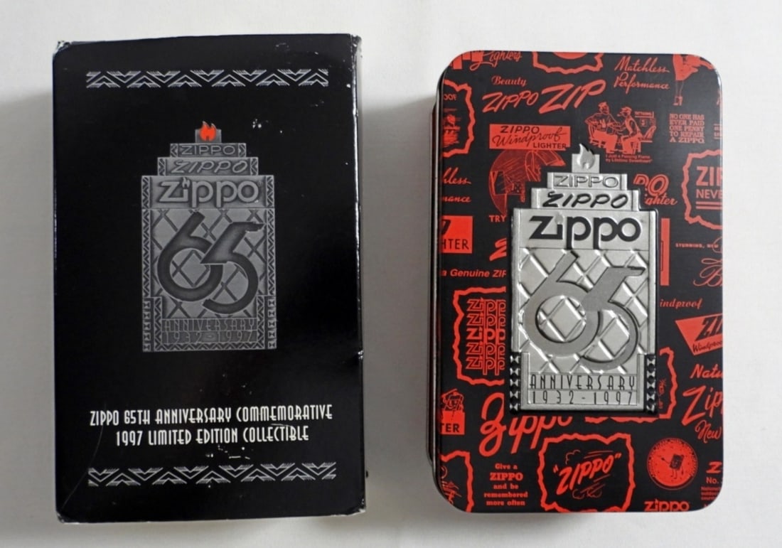 1997 65 ANNIVERSARY ZIPPO IN TIN ( FIRED): VINTAGE 1997 65 ANNIVERSARY ZIPPO LIGHTER IN ORIGINAL TIN, ( FIRED)