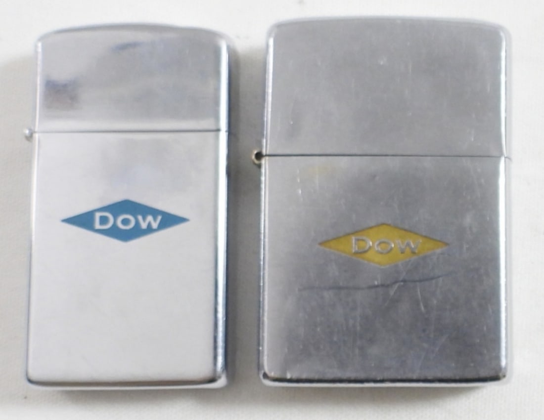 (2) "DOW" ADVERTISING ZIPPO LIGHTERS: 1974 REG SIZE & 1968 SLIM - BOTH FIRED