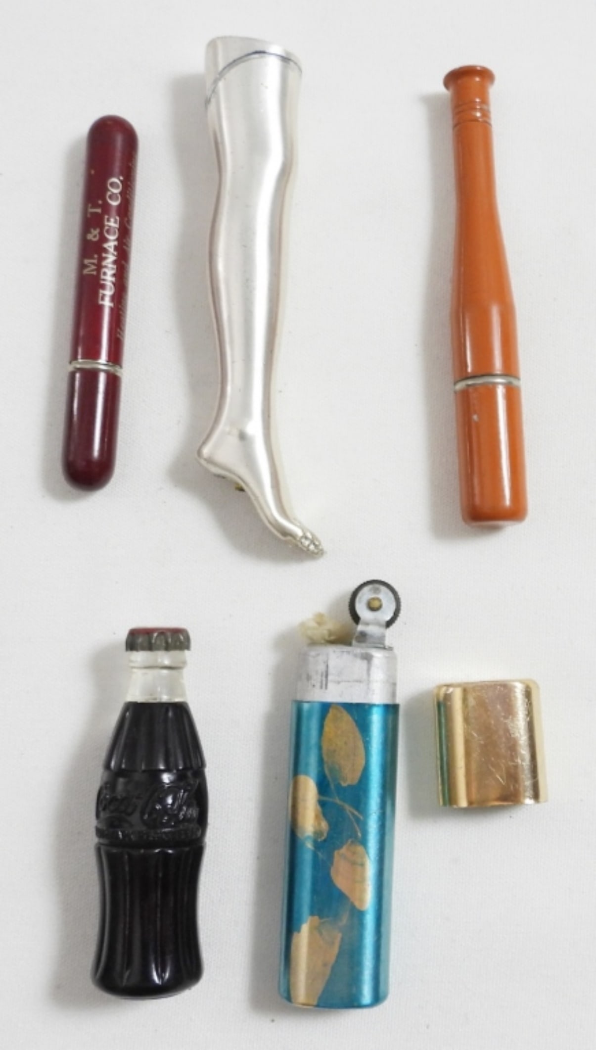 (5) NOVELTY UNFIRED LIGHTERS: (5) NOVELTY UNFIRED LIGHTERS, (1)COCA-COLA, (1)BALLBAT, (1) LEG (1) ADVERTISING (1) FLORAL