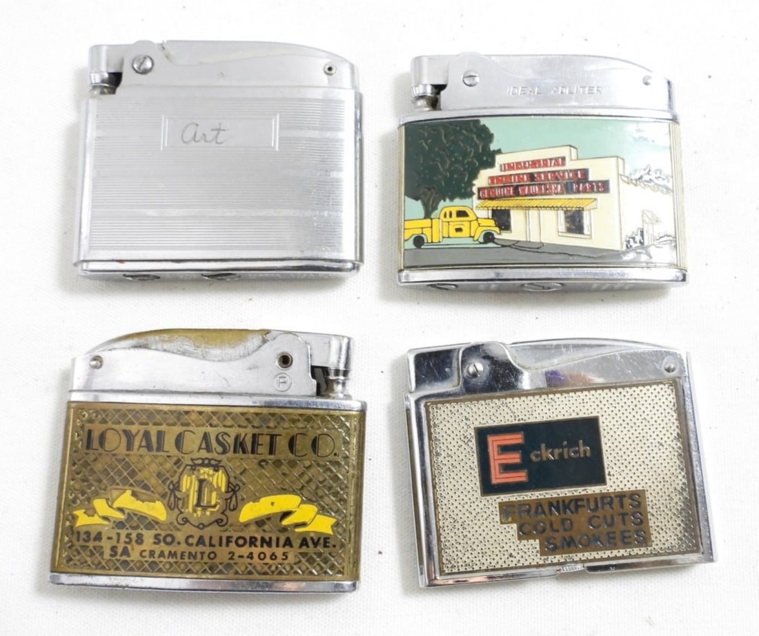 (4) FLAT VINTAGE LIGHTERS W DESIGNS (1 of 2)