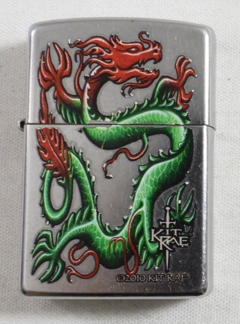 2011 (FIRED) KIT RAE GREEN DRAGON ZIPPO: 2011 (FIRED) KIT RAE GREEN DRAGON ZIPPO