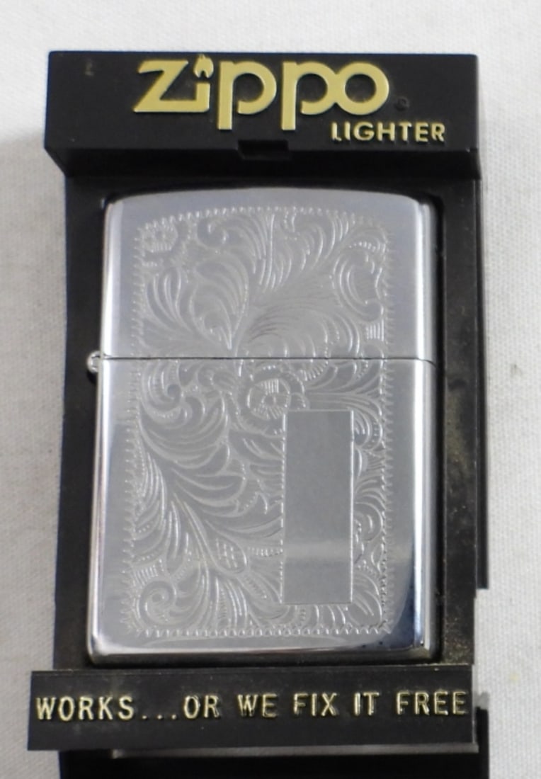 1990 ( FIRED ) VENETIAN DESIGN ZIPPO IN CASE: 1990 ( FIRED ) CHROME VENETIAN DESIGN ZIPPO IN CASE