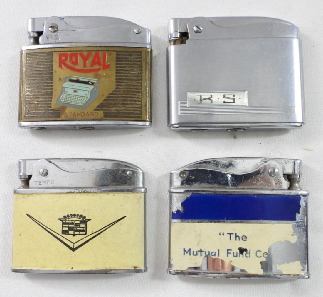 (4) FLAT VINTAGE LIGHTERS W DESIGNS (1 of 2)
